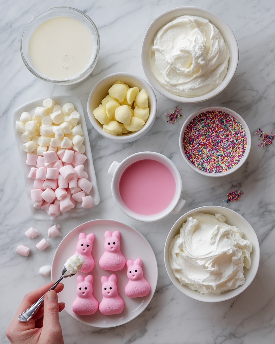 The image shows several white bowls and plates arranged on a white marbled surface. There is a white bowl filled with whole milk, a white bowl with white chocolate chips, and another white bowl containing marshmallow fluff. Nearby, there is a white plate with pink Peeps marshmallows shaped like chicks, and a white bowl holding small marshmallows. There is also a small white cup filled with pink food coloring and a white tray with yellow Peeps marshmallows. Some colorful sprinkles are placed in a small white bowl. A woman’s hand is holding a spoon with some marshmallow fluff. photo taken with an iphone --ar 4:5 --v 7