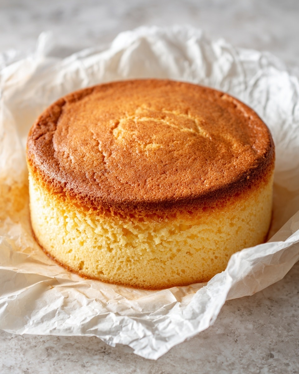 A single-layer round cake with a golden brown top that is slightly cracked in the middle, showing a lighter yellow soft texture underneath. The sides of the cake are a pale yellow with a fluffy, spongy appearance and a golden tan edge at the bottom. The cake rests on a piece of white crinkled parchment paper, all placed on a white marbled surface. photo taken with an iphone --ar 4:5 --v 7