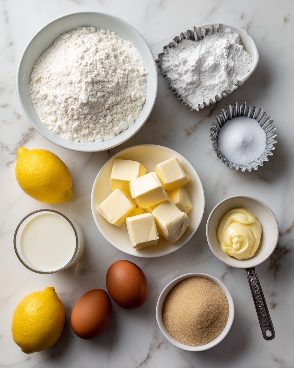 The image shows several baking ingredients placed separately on a white marbled surface. There is a white bowl filled with flour positioned in the top left corner, with a small amount of baking powder and baking soda in two small fluted metal molds right next to it. Below them is a white bowl containing unsalted butter cut into cubes. Near the center, two yellow lemons lie beside the butter bowl. A glass filled with milk is near the bottom left, and next to it are two brown eggs placed side by side. A metal measuring spoon with lemon paste sits just below the eggs. On the bottom right, a white bowl holds a light brown sugar. All the items are neatly arranged with clear spacing between them. photo taken with an iphone --ar 4:5 --v 7