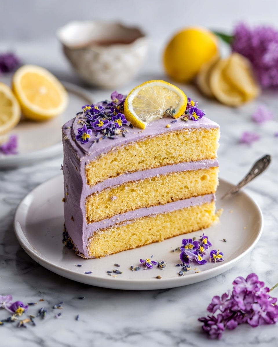 A three-layer yellow cake with light purple frosting between each layer and on top, decorated with small purple flowers placed evenly around the top layer. A thin lemon slice sits in the center on top of the cake. The cake is on a white plate, which is on a white marble surface. There are some purple flowers scattered next to the base of the plate. Photo taken with an iphone --ar 4:5 --v 7