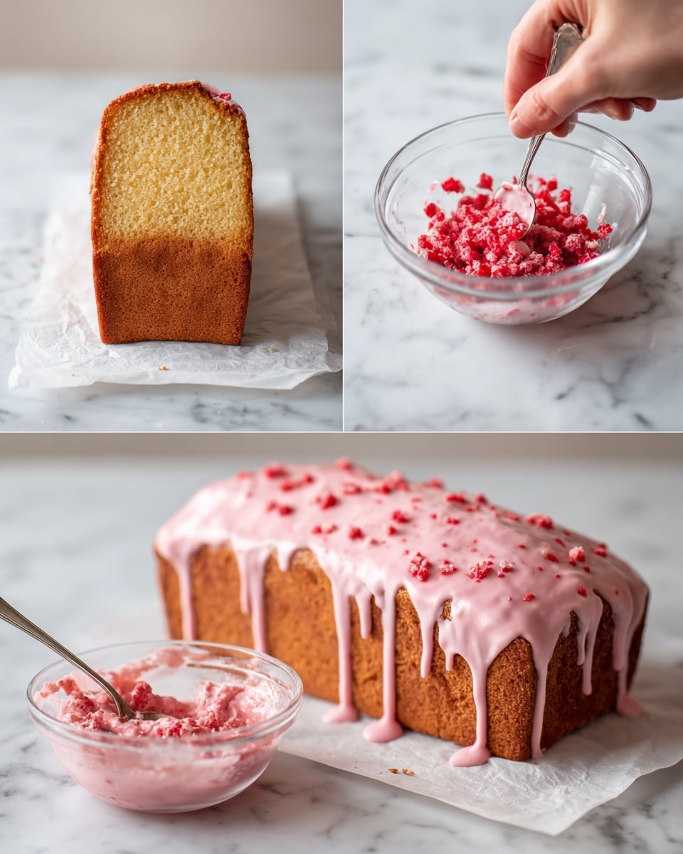 The image shows a sequence of four steps to make a pink glaze on a white loaf cake. The first part shows a tall, golden-brown loaf cake sitting on white parchment paper on a white marbled surface. The second part shows a clear glass bowl with small red pieces inside and a woman's hand mashing them with a spoon. The third part shows the mashed red pieces mixed with a pink creamy glaze in a clear bowl, with a spoon resting inside. The fourth part shows the same loaf on the white marbled surface, now topped with unevenly spread pink glaze with visible red bits, slowly dripping down the sides. photo taken with an iphone --ar 4:5 --v 7