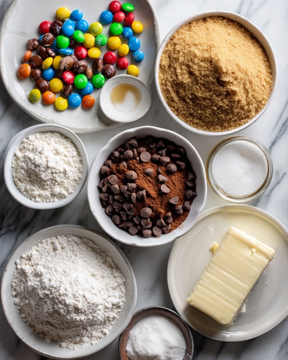 The image shows several white bowls and plates arranged on a white marbled surface, each holding different baking ingredients. Starting from the top right, there is a bowl filled with brown sugar, and next to it, on a white plate, are colorful M&Ms scattered around the edges. Below them are a pile of dark chocolate chips in a white bowl and a powdery heap of cocoa powder in another bowl. In the center are smaller bowls containing white baking powder, white sugar, and baking soda, alongside a pinch of salt on the surface. Flour is spread out on a white plate at the bottom left. In the bottom right corner, there is a white plate with a slab of butter. A small amount of vanilla extract is in a tiny white bowl near the butter. The lighting highlights the textures, making the cocoa powder look fine and smooth, the brown sugar grainy, and the butter firm. A woman's hand is touching the edge of the cocoa powder bowl. Photo taken with an iphone --ar 4:5 --v 7