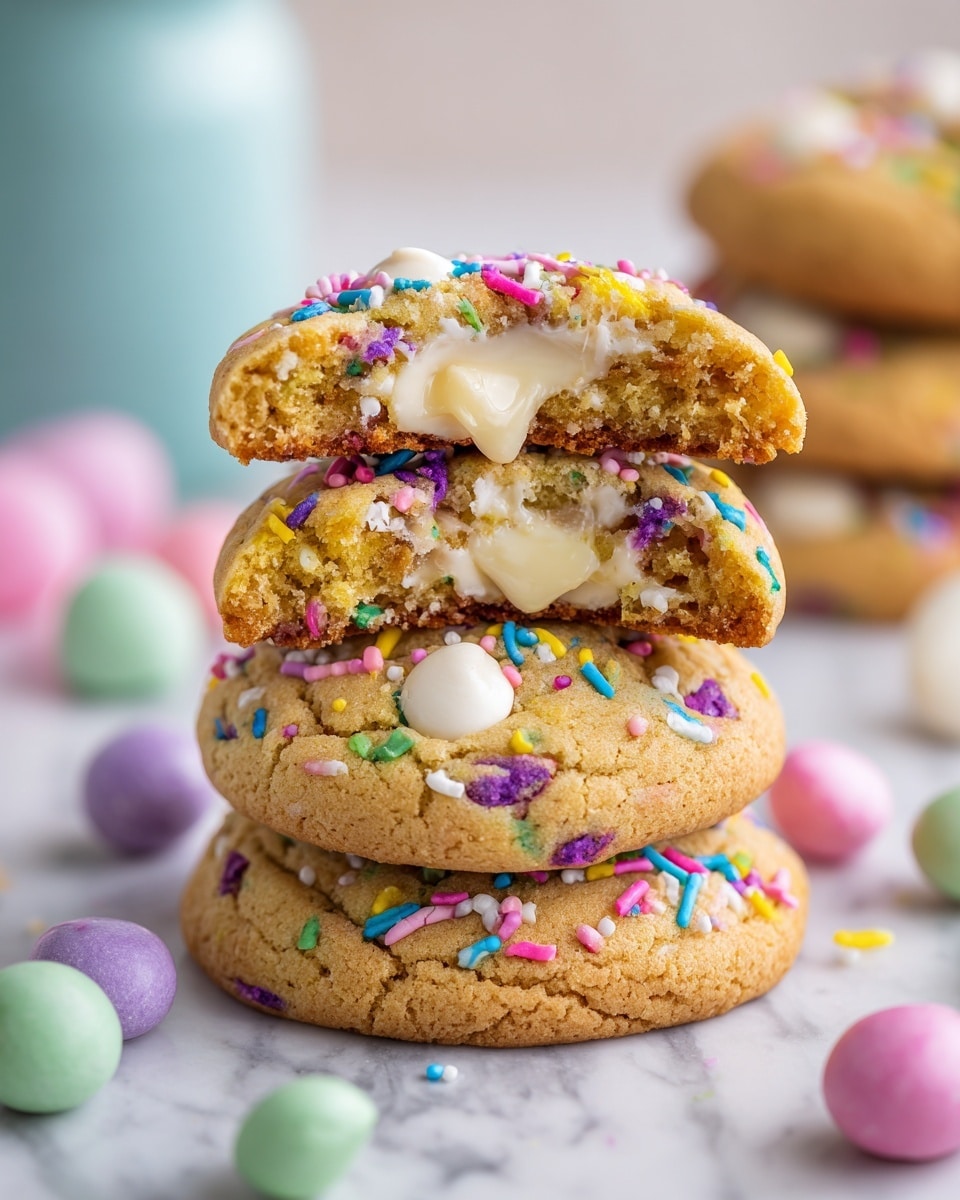 A stack of four colorful cookies with a soft and slightly crumbly texture is shown on a white marbled surface. The cookies are light golden brown with white melted chocolate chips inside each layer. The top layer cookie is broken in half, exposing the creamy melted white chocolate. Each cookie is decorated with small, bright, and colorful sprinkles in pink, yellow, purple, green, blue, and white, giving the cookies a cheerful look. Around the stack are scattered round candy pieces in pastel green, purple, and pink. In the background, more cookies and a light blue container can be seen softly out of focus. photo taken with an iphone --ar 4:5 --v 7