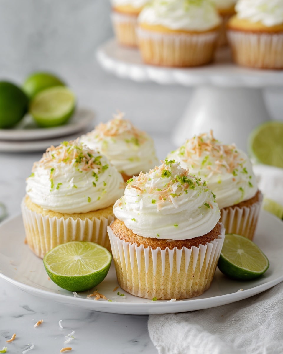 The image shows five small cupcakes placed on a white plate. Each cupcake has a golden brown base with a fluffy white topping that looks soft and slightly textured. On top of the white frosting, there is a thin slice of lime placed slightly tilted on each cupcake, adding a vibrant green color contrast. The white plate rests on a white marbled surface, and the overall setting is bright with soft natural light. photo taken with an iphone --ar 4:5 --v 7