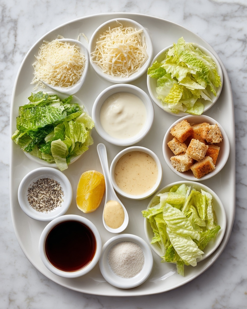 The image shows a white plate with single small portions of Caesar salad ingredients arranged in a neat grid on a white marbled surface. There are 12 items total: grated Parmesan cheese as a small mound of pale yellow shreds, a small white bowl with creamy milk, a spoon holding pale yellow Dijon mustard, a small white bowl with light beige mayo, a small yellow lemon wedge, a small bowl of golden brown croutons, finely chopped green romaine lettuce leaves, a separate small mound of white garlic powder, a small white bowl with thick dark Worcestershire sauce, and a small bowl with a mix of salt and black pepper. The ingredients are evenly spaced, with clear visibility of their textures and colors, arranged from the top left to bottom right in a clean, organized manner. photo taken with an iphone --ar 4:5 --v 7