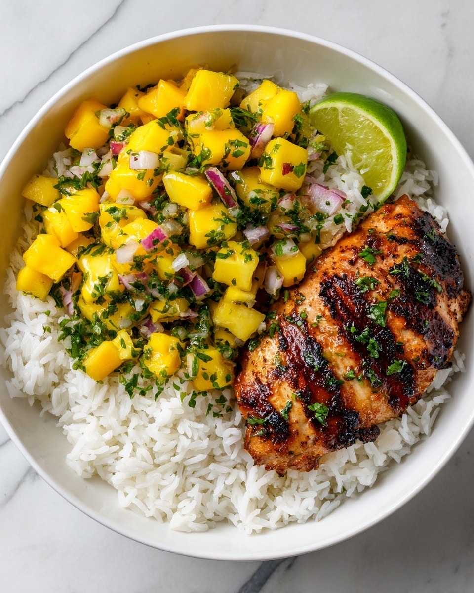 A white bowl holds a three-layer dish on a white marbled surface. The bottom layer is fluffy white rice spread across half of the bowl. On top of the rice, on the right side, is a golden brown grilled chicken piece with visible grill marks and small green herb pieces sprinkled over it. On the left side of the bowl, a bright yellow mango salsa with diced mango chunks, finely chopped red onions, and green herbs is piled high, showing a fresh and juicy texture. A wedge of green lime is placed at the top right edge of the bowl. The whole dish looks colorful and fresh. photo taken with an iphone --ar 4:5 --v 7