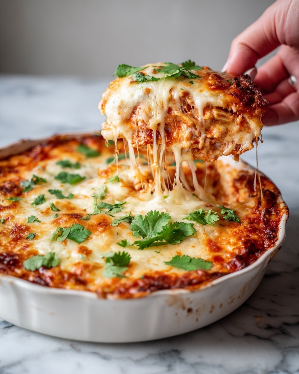 The image shows a round white plate filled with a baked dish that has a golden-brown melted cheese layer on top. Below the cheese, visible layers of orange sauce and slices of pepperoni or sausage are spread evenly throughout. Bright green fresh cilantro leaves are scattered on the cheese layer, adding a pop of color. A woman's hand is pulling a triangular slice away, showing the stretchy melted cheese connecting the slice to the main dish. The plate is placed on a white marbled surface. Photo taken with an iphone --ar 4:5 --v 7