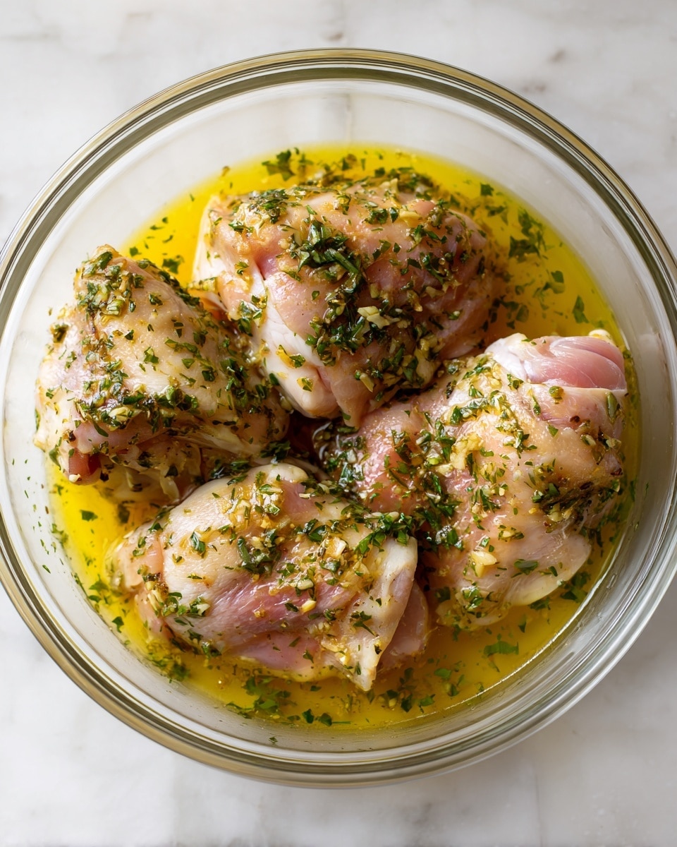 A clear glass bowl filled with four pieces of raw chicken thighs covered in a golden marinade. The marinade has a smooth, slightly oily texture and is scattered with finely chopped green herbs that cling to the chicken, giving it a fresh, speckled look. The chicken pieces are light pink with some white fat visible, partially submerged in the yellowish liquid. The bowl is placed on a white marbled surface. photo taken with an iphone --ar 4:5 --v 7