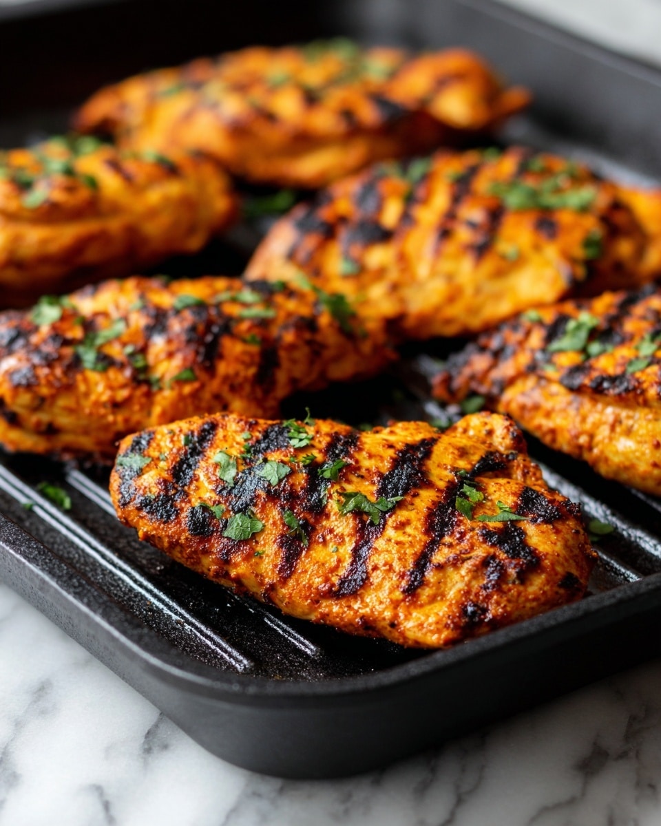The image shows six grilled chicken pieces on a black grill pan with raised ridges. Each piece of chicken has a golden orange-brown color with visible grill marks and some charred spots, giving a slightly crispy texture. The chicken is sprinkled with green herbs, adding small bright green details on the surface. The grill pan edges are thick and black, and the background is a white marbled texture, slightly blurred to keep the focus on the chicken photo taken with an iphone --ar 4:5 --v 7