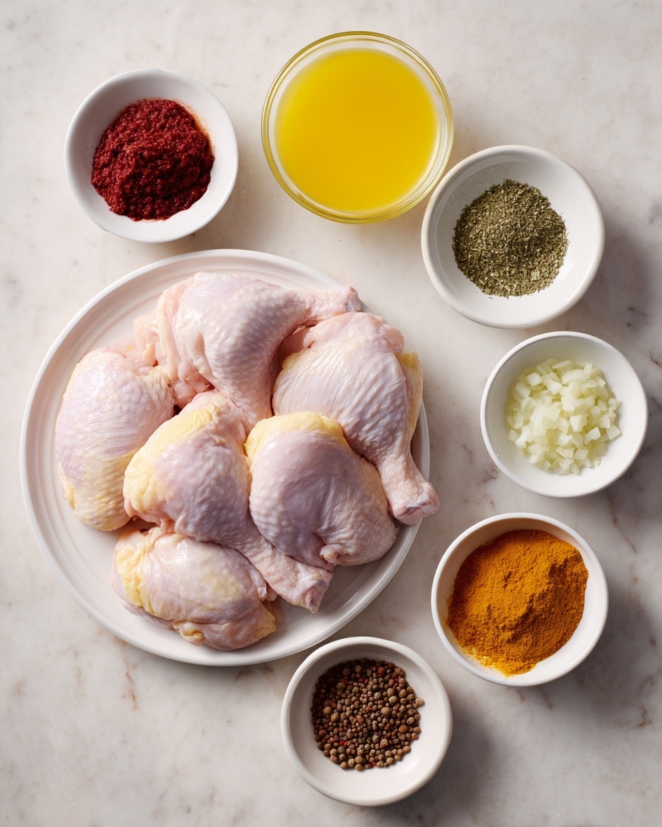 The image shows a white round plate in the center holding five raw chicken pieces with pale pink skin and some yellow fat. Surrounding this plate are seven small white bowls arranged in a loose circle on a white marbled surface. Starting from the top left and moving clockwise, the bowls contain bright red achiote paste with a smooth texture, greenish Mexican oregano flakes, clear light yellow lime juice, finely chopped white onions, bright orange juice with a smooth surface, ground cumin with a brownish texture, minced garlic that is pale yellow and pasty, and ground cloves that have a dark brown color. Each ingredient is clearly separated in its own bowl, with the white marbled texture background visible between them. Photo taken with an iphone --ar 4:5 --v 7