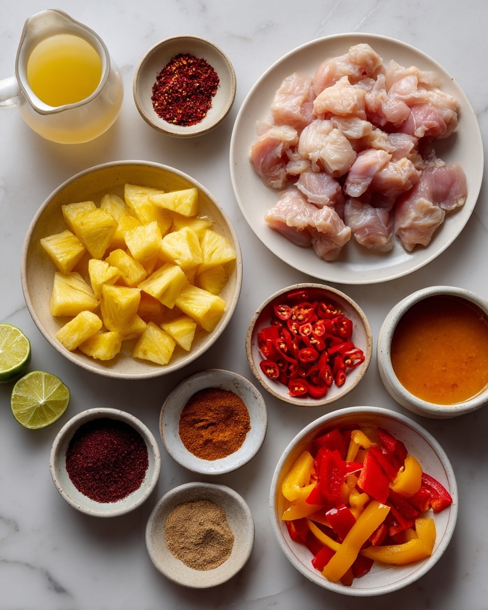 Several white ceramic bowls and plates are arranged on a white marbled texture. One bowl holds yellow pineapple chunks, another has pinkish pieces of raw chicken, and a white plate contains cut pieces of red, orange, and yellow bell peppers. Around them are small bowls filled with various spices of red, brown, and beige colors, along with a small dish of orange sauce. There are also two lime wedges and a small white jug of light yellow liquid placed near the top left. The textures vary from smooth fruit and chicken pieces to coarse spices and thick sauces. Photo taken with an iphone --ar 4:5 --v 7