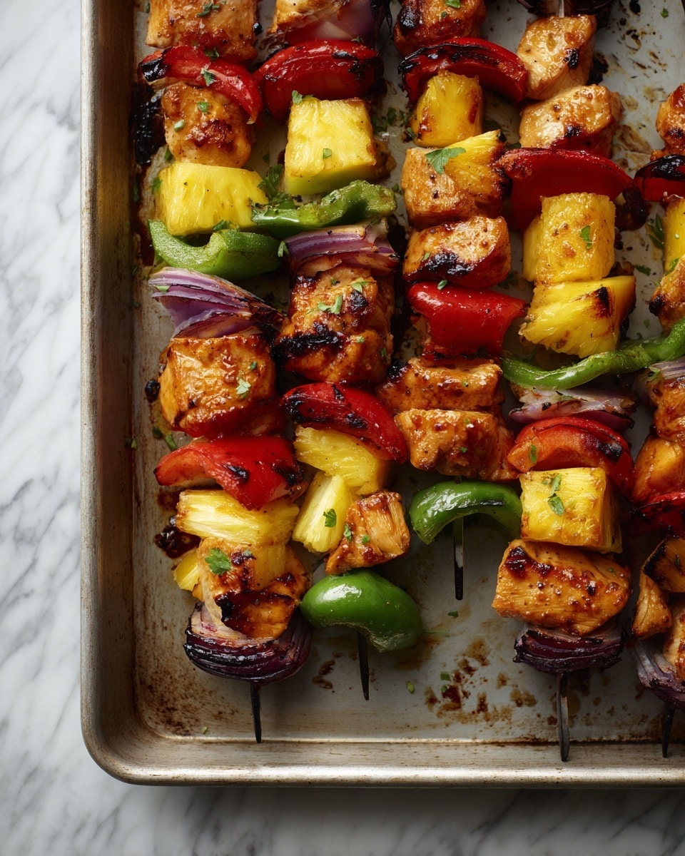 A metal baking tray holds seven grilled skewers filled with layers of ingredients, each skewer starting from the bottom with a small green bell pepper piece, followed by red bell pepper, chicken pieces with a light golden-brown and slightly charred look, chunks of bright yellow pineapple, and slices of reddish-purple onion. The grilled chicken has a shiny, glazed texture and is browned on the edges, while the vegetables and pineapple have a mix of vibrant red, green, yellow, and purple colors with slight charring. The skewers are scattered and overlapping, showing a mix of textures from juicy pineapple to crispy edges on the vegetables and chicken. The tray has a used, worn metal look with darkened spots. The image background has a white marbled texture, photo taken with an iphone --ar 4:5 --v 7