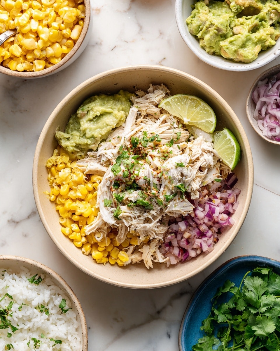 The image shows a bowl of food with five different layers arranged next to each other. Starting from the left, there is fluffy white rice with a soft and slightly sticky texture. Next to the rice is a bright green scoop of chunky guacamole, rich and creamy with visible bits of avocado. To the right of the guacamole, there is a pile of small, shiny yellow corn kernels that look fresh and juicy. Beside the corn, there are small cubes of purple-red onions that add a crunchy texture. On the far right, there is shredded light beige chicken mixed with small green herb pieces. A lime wedge with a bright green peel and juicy light green inside rests on top of the chicken. The bowl itself is white and round, placed on a white marbled surface with a small white bowl of more red onions slightly blurred in the background. Photo taken with an iphone --ar 4:5 --v 7