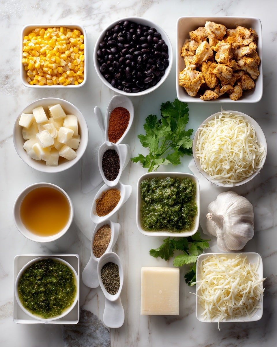 The image shows various food ingredients arranged neatly on a white marbled surface. There are small white bowls holding black beans, yellow corn, and a golden brown liquid, along with a white bowl containing green salsa. A white square dish holds shredded white cheese next to a block of white cheese. Other items include a cluster of spices in small spoons, some garlic cloves, a halved onion, chopped cilantro, and a plate with cooked seasoned chicken. The colors include black, yellow, green, white, and brown, creating a fresh and vibrant look. Photo taken with an iphone --ar 4:5 --v 7