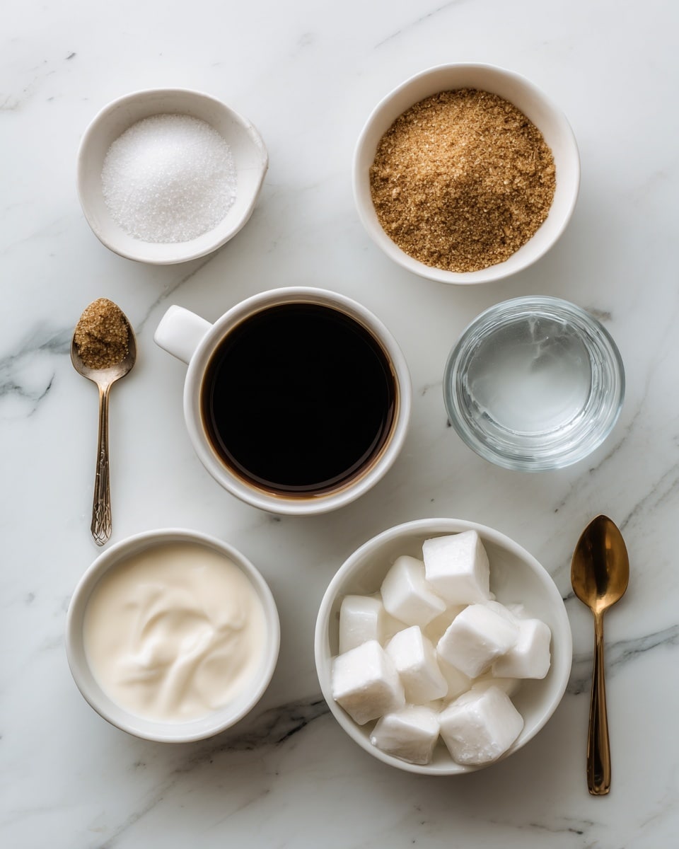 The image shows seven small white bowls placed on a white marbled surface. From top left to right, there is a small spoon with salt, a bowl of brown sugar with a spoon, and a bowl of water. Below them, in the center, is a bowl filled with dark brown coffee. At the bottom left and right are bowls of milk and ice cubes, respectively. The ingredients are arranged orderly with clear separation between each bowl, creating a clean and neat presentation. photo taken with an iphone --ar 4:5 --v 7