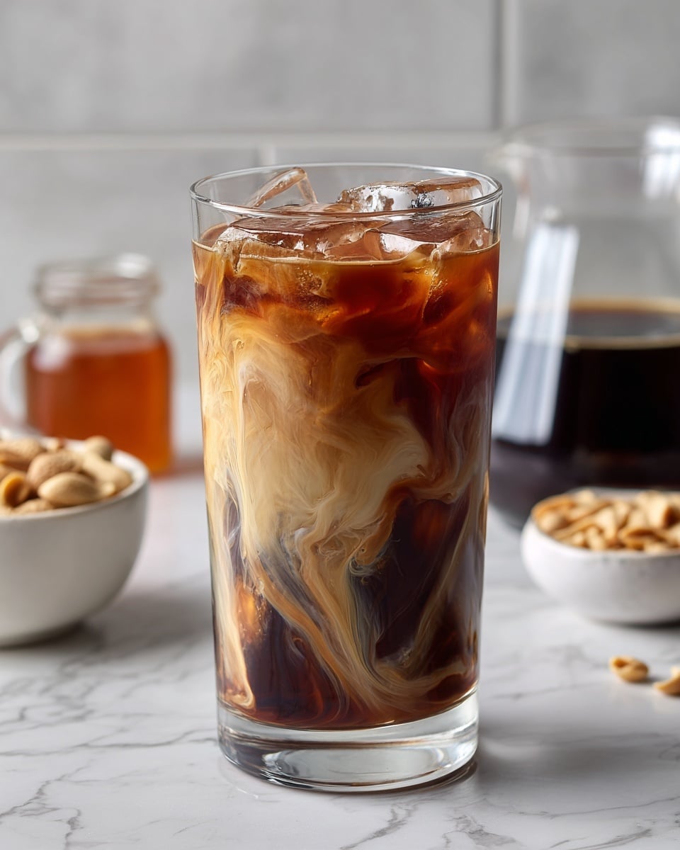 A tall clear glass filled with iced coffee showing three visible layers: dark coffee on top, a mix of light brown and creamy swirls in the middle, and a light creamy layer at the bottom. The coffee is over ice cubes that add texture and shine inside the glass. The glass sits on a white marbled surface. In the background, there is a white bowl with peanuts on the left, a glass container with honey in the middle, and a clear coffee pot with dark coffee on the right. Photo taken with an iphone --ar 4:5 --v 7
