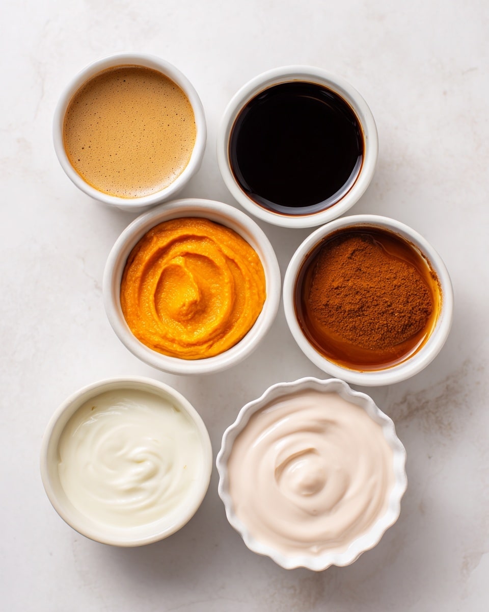 The image shows six small white bowls arranged in a loose circle on a white marbled surface. Each bowl contains a different ingredient: light brown coffee in the top left, dark brown vanilla extract in the top right, medium brown pumpkin spice at the center right, bright orange pumpkin puree at the bottom left, thick white non-fat milk heavy cream in a scalloped white bowl at the bottom right, and pale pink sweetened condensed milk near the bottom center. The bowls have smooth textures and contrast nicely against the white marbled background. Photo taken with an iphone --ar 4:5 --v 7