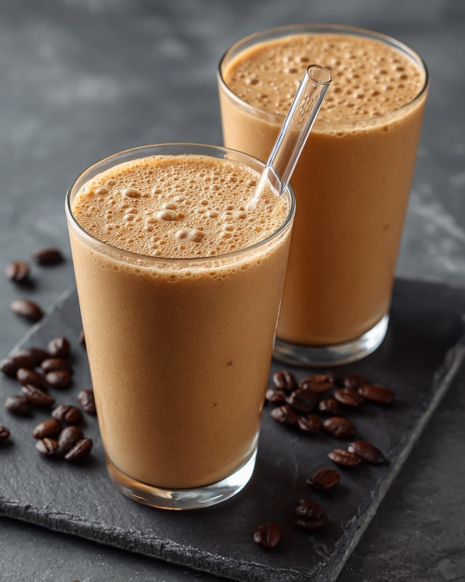 The image shows two clear cylindrical glasses filled with a light brown, creamy iced coffee drink. Each glass has a slightly frothy texture on the surface. One glass features a few whole dark brown coffee beans and a light dusting of cinnamon or cocoa powder on top, with a clear straw inserted. The glasses sit on a dark slate board with scattered coffee beans around it. The background is a white marbled texture with a soft white cloth in the background. photo taken with an iphone --ar 4:5 --v 7