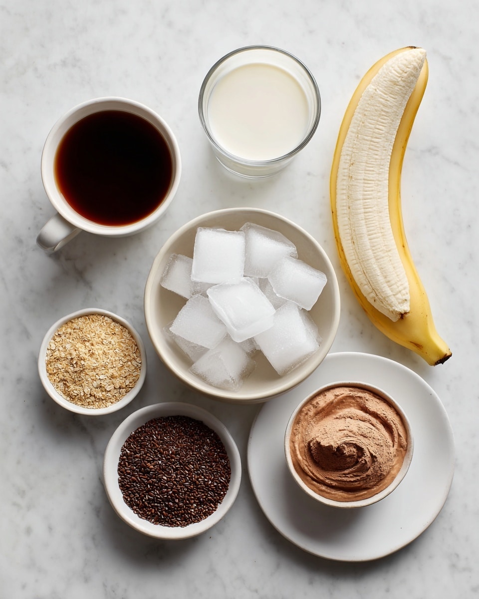 The image shows eight ingredients arranged in white bowls and cups placed on a white marbled surface. At the center is a bowl filled with white ice cubes. Surrounding it are seven small dishes: at the top left, a cup with dark chilled strong coffee or cold brew; next to it on the right, a clear glass cup filled with white milk of choice; below that, a white bowl containing light brown chocolate protein powder; to its left, another white bowl holding golden brown ground flaxseed; below the ice, a white bowl with rich brown peanut butter; to its left, a small white bowl filled with dark brown cocoa powder; and above it, a frozen light beige banana on a white plate. The overall look is clean and organized with clear layers of different textures and soft, natural lighting. Photo taken with an iphone --ar 4:5 --v 7