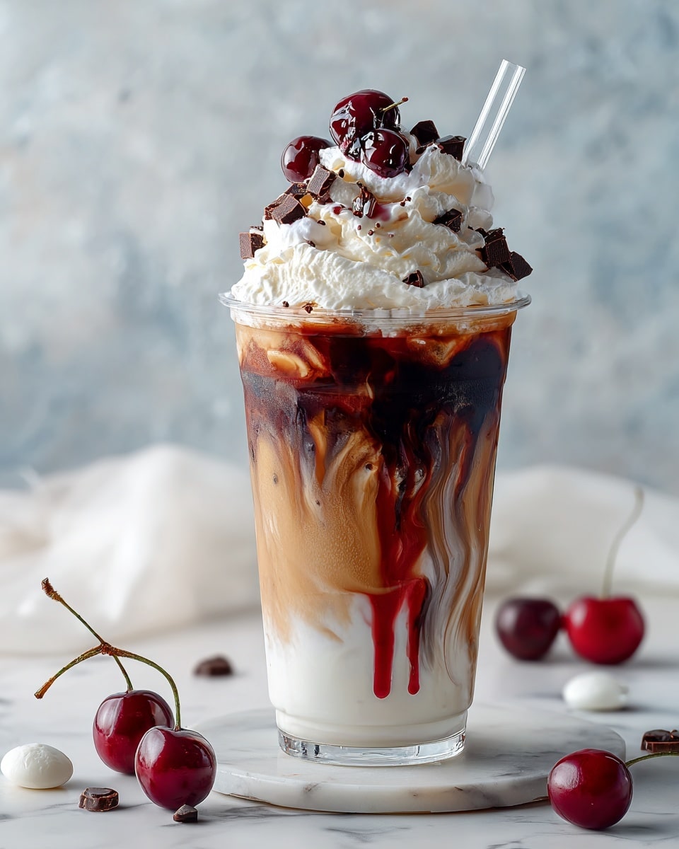 A clear plastic cup filled with a layered drink shows a dark red cherry syrup at the bottom, blending upwards with creamy white milk and ice cubes visible near the top. The drink is topped with a swirl of white whipped cream, sprinkled with small beige crumbs, and crowned with a single dark red cherry with a long stem. Red syrup drips down the whipped cream and the sides of the cup, with a small pool of syrup at the base on a white marbled surface. Two more cherries and blurred containers are in the background. Photo taken with an iphone --ar 4:5 --v 7
