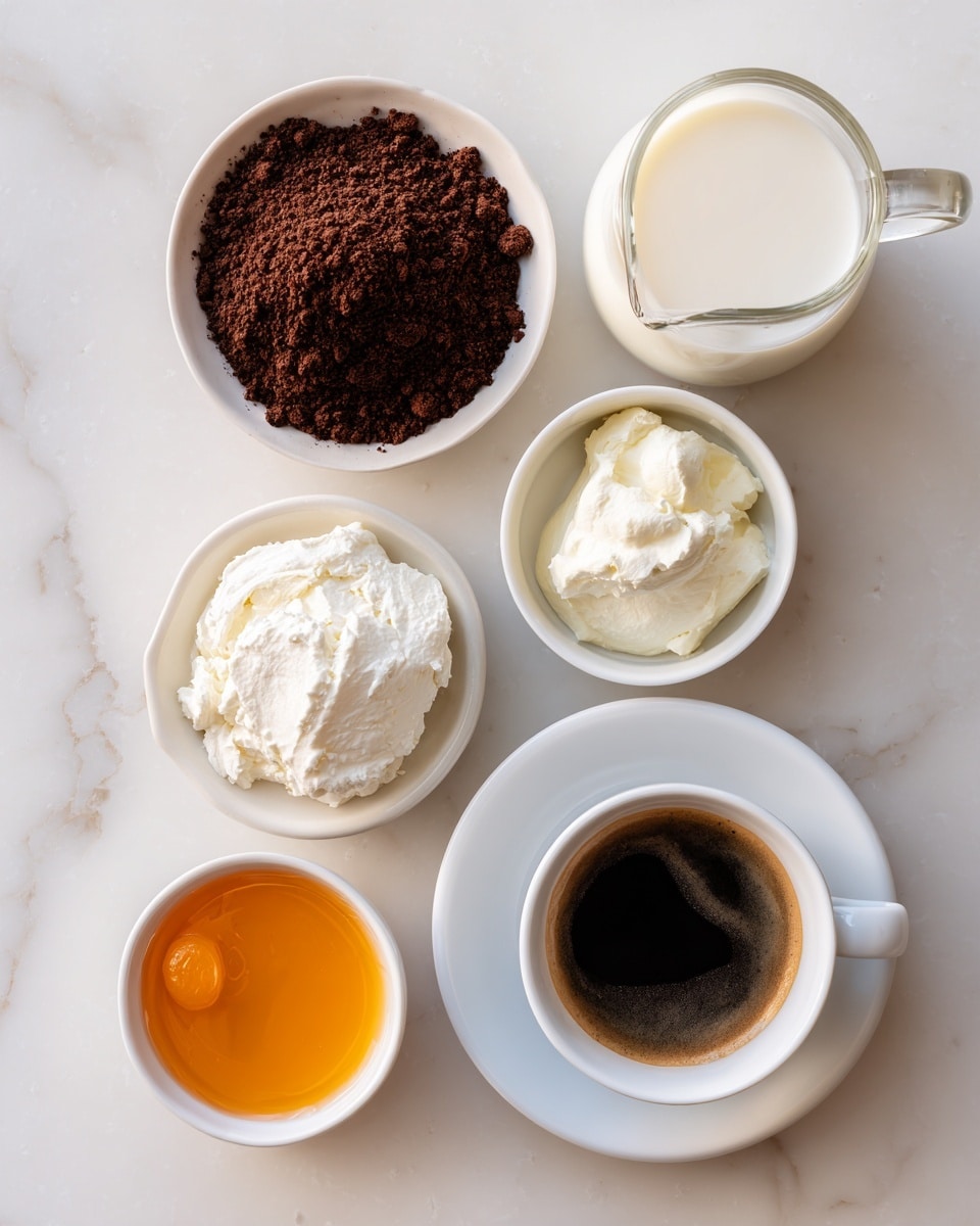 The image shows six small white bowls and a glass measuring cup arranged on a white marbled surface. The bowls contain different ingredients: one has dark brown cocoa powder with a slightly crumbly texture, one has white cream cheese with a smooth and soft texture, one has orange liquid with a shiny surface, one has white liquid closer to milk, and one has dark espresso coffee in a small white cup on a matching saucer. The glass measuring cup holds white milk, positioned at the top right. The overall setup is clean and bright with a focus on different shades of brown, cream, and white. Photo taken with an iphone --ar 4:5 --v 7