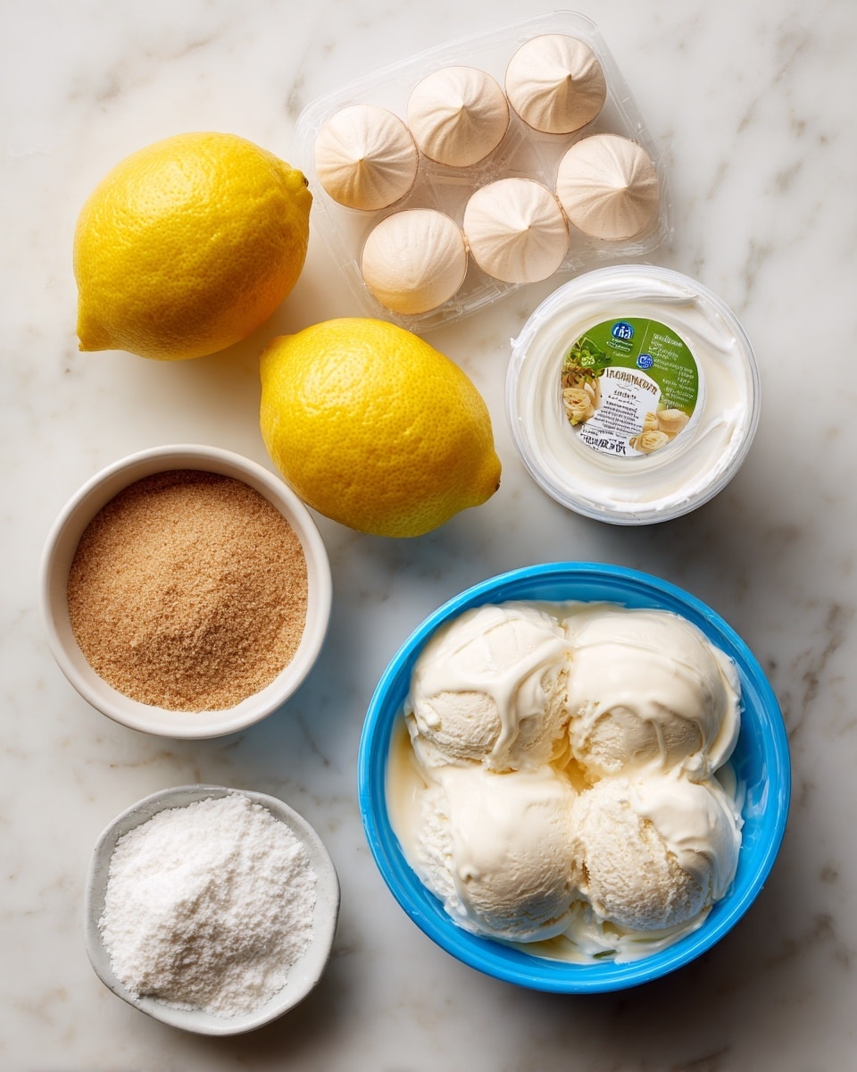 The image shows a white marbled surface with six main items arranged in a loose circle: two bright yellow lemons on the left, a clear plastic pack of light beige meringue nests above the lemons, a white round container of plain natural yogurt with a green and black label sitting near the top right, a blue-lid open container holding scoops of creamy vanilla ice cream below that, a small white bowl filled with coarse light brown sugar, and a tiny light blue cup with a small amount of white corn flour in it near the bottom left. Each item is neatly spaced and clearly visible. photo taken with an iphone --ar 4:5 --v 7