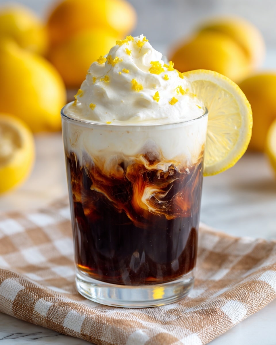The image shows a clear glass mug filled with a creamy yellow lemon drink. The drink has three layers, with the bottom and middle layers being smooth and pale yellow, and the top layer covered with white, fluffy whipped cream that is lightly toasted brown on top. Around the mug are whole and half lemons, adding bright yellow color, all placed on a white marbled surface. In the background, there is a small white decorative item that looks like a tiny house. A woman's hand is not visible in this image. photo taken with an iphone --ar 4:5 --v 7