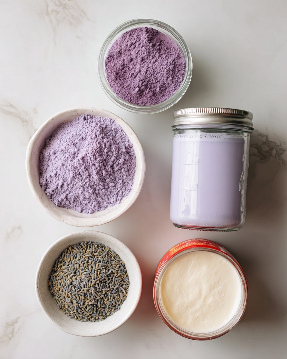 The image shows five containers placed on a white marbled surface, each labeled with ingredients. In the top center, there is a small white bowl filled with fine purple sweet potato powder. Below this bowl, centered in the middle, there is a clear glass jar with a metal lid, filled with light purple lavender syrup. To the right of the syrup jar, there is a red and white carton of heavy cream with a smooth, shiny texture. To the left of the syrup jar, there is a small white bowl filled with dry lavender buds, showing a mix of grayish and greenish colors. Each container is clearly labeled with yellow text. photo taken with an iphone --ar 4:5 --v 7