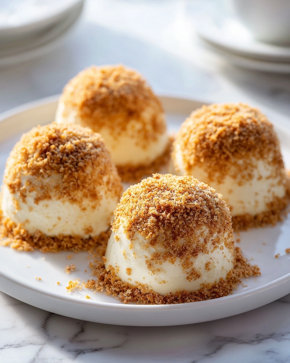 The image shows four round dessert balls on a white plate placed on a white marbled surface. Each dessert ball has two visible layers: the bottom layer is a smooth, creamy white base that is round, and the top layer is a coarse light brown crumb coating that covers most of the white base but leaves a little white visible near the bottom edges. The dessert balls are close to each other with one in the front and three slightly behind it, creating depth. The background is softly blurred with bright light coming in, giving a fresh and clean look. Photo taken with an iphone --ar 4:5 --v 7