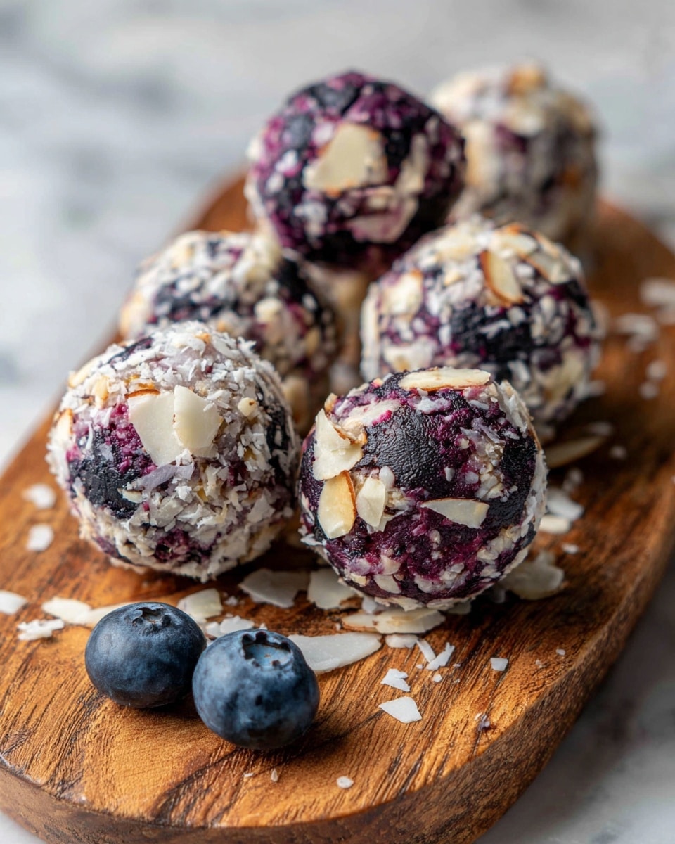 The image shows several round, smooth balls made of a light dough mixed with dark purple blueberries. The balls are stacked on a white marbled surface with a few loose blueberries scattered around. The dough looks creamy with small bits of blueberry inside, giving the balls a speckled look of purple and cream. The texture appears soft and slightly moist, with each ball about the size of a small cookie. The overall scene is bright and clear, focusing on the natural colors and round shapes of the balls. Photo taken with an iphone --ar 4:5 --v 7