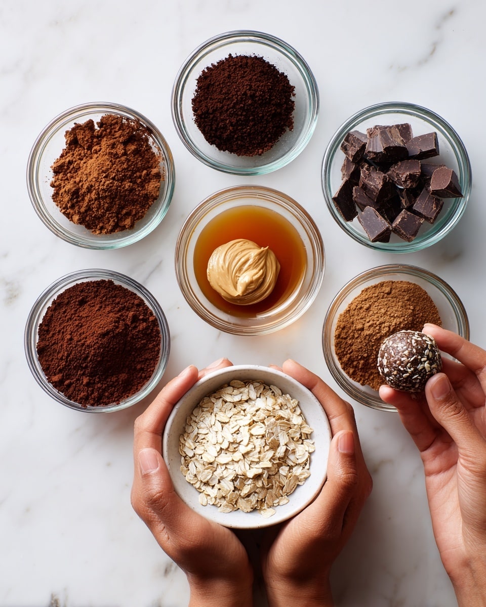 The image shows six small clear glass bowls arranged in two vertical columns on a white marbled surface. The top left bowl holds medium-dark brown coffee grounds, and the top right bowl contains chopped dark brown chocolate pieces. Below the coffee grounds is a bowl with a light brown creamy dollop sitting in some dark amber liquid. Next to it on the right is a bowl with fine, medium brown powder. Below those, the left bowl has darker brown cocoa powder, and the right bowl is filled with off-white rolled oats. At the bottom, a pair of hands hold a large white bowl filled with cocoa powder with some mix marks inside it. The woman's right hand is holding a round dark brown energy ball with visible bits of oats while the woman's left hand supports the bowl. Photo taken with an iphone --ar 4:5 --v 7