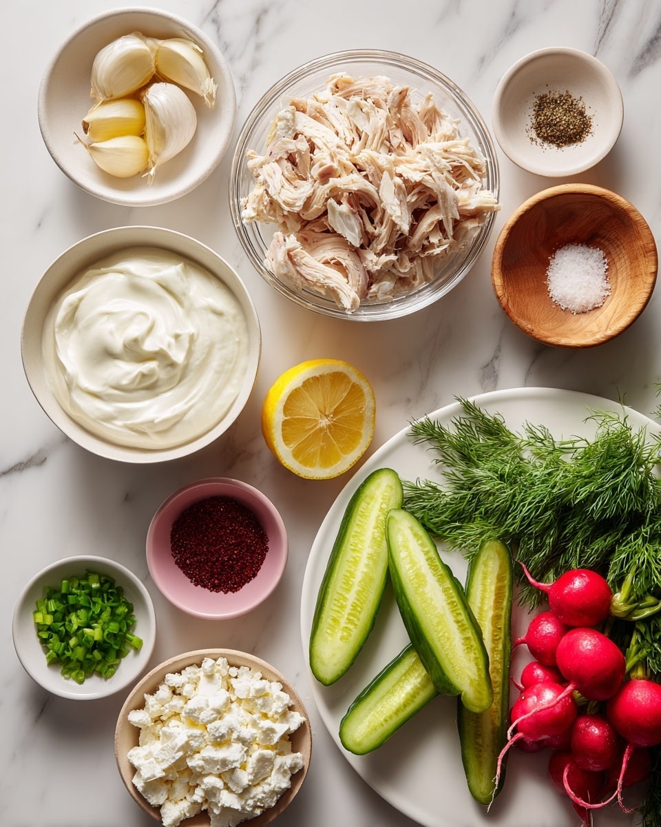The image shows an arrangement of ingredients on a white marbled surface. Starting from the left, there is a white bowl filled with creamy unsweetened Greek yogurt, next to it is a clear glass bowl containing shredded rotisserie chicken with light brown and white pieces. Above these, a small white bowl holds garlic cloves, while a small wooden bowl contains salt and black pepper. There is also a slice of lemon with bright yellow flesh placed near the center. A tiny bowl with dark red sumac powder sits beside a small pink bowl filled with chopped green scallions. Near the bottom, a small white bowl has crumbled white feta cheese. On the right side, a large white plate holds three peeled Persian cucumbers that are light green and smooth, with fresh dill and other green herbs placed next to them. A bunch of bright red radishes with green leaves is placed near the top right corner of the image. Photo taken with an iphone --ar 4:5 --v 7