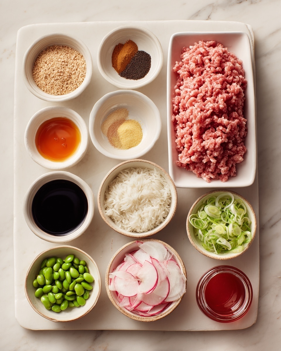 The image shows a white marble surface with twelve small white bowls and containers arranged neatly, each labeled with an ingredient. There is a rectangular white tray with raw ground turkey that is pink and finely textured. Around it are bowls containing various ingredients: light brown ground spices, dark soy sauce, a pale amber sesame oil, a thick orange sweet chili sauce, translucent honey, bright green sliced edamame, white fluffy cooked rice, creamy beige mayo, and a small glass of red sriracha. There is also a bowl with toppings including bright green sliced scallions and thinly sliced pink and white radishes. Each item is well separated, showing clear texture and color contrasts. Photo taken with an iphone --ar 4:5 --v 7