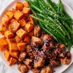 Honey Garlic Chicken with Roasted Sweet Potatoes and Green Beans Recipe
