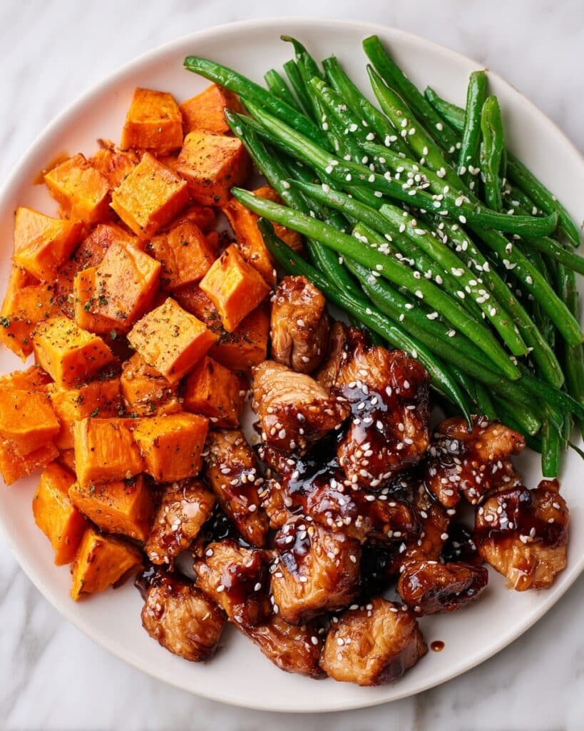 Honey Garlic Chicken with Roasted Sweet Potatoes and Green Beans Recipe