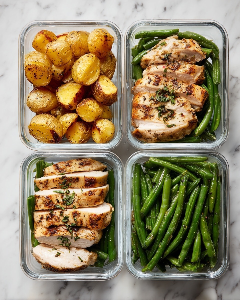 The image shows four clear rectangular glass meal prep containers placed on a white marbled surface. Each container holds three layers of food: golden-brown roasted potato pieces at the top, a sliced, grilled light-brown chicken portion with visible seasoning in the middle, and bright green, cooked green beans laying flat at the bottom. The food is neatly arranged and cooked, with some small herbs or seasoning sprinkled over the chicken and vegetables. photo taken with an iphone --ar 4:5 --v 7
