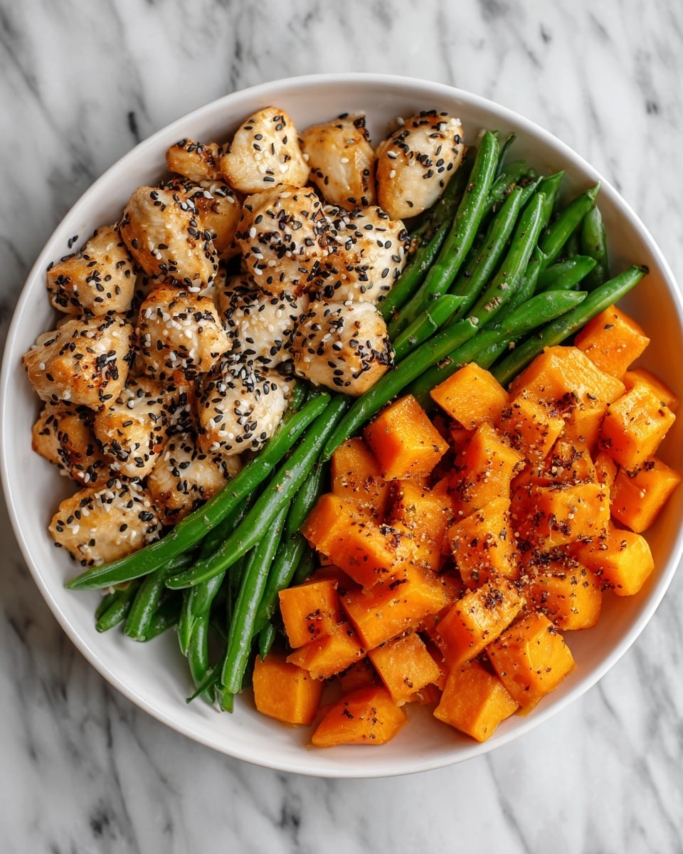 A white shallow bowl filled with three sections of food: on the left, golden-brown cooked chicken pieces topped with white and black sesame seeds, giving a shiny texture; on the top right, bright green long green beans arranged side by side; on the bottom right, cubed orange sweet potatoes with small black pepper pieces sprinkled on top, showing a soft texture. The bowl is placed on a white marbled surface. Photo taken with an iphone --ar 4:5 --v 7