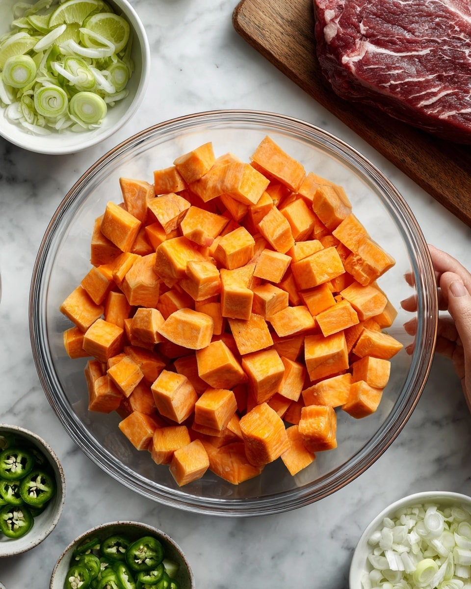 A clear glass bowl filled with evenly cut cubes of bright orange sweet potato sits in the center on a white marbled surface. Around it, small white bowls hold different ingredients: thinly sliced pale green scallions, halved light green limes, chopped dark green jalapeño pieces, and minced white garlic. In the lower right area, a piece of raw flank steak with a deep red color and marbled texture is partially visible resting on the white marbled surface. A woman's hand lightly touches the edge of the glass bowl from the left side. Photo taken with an iphone --ar 4:5 --v 7