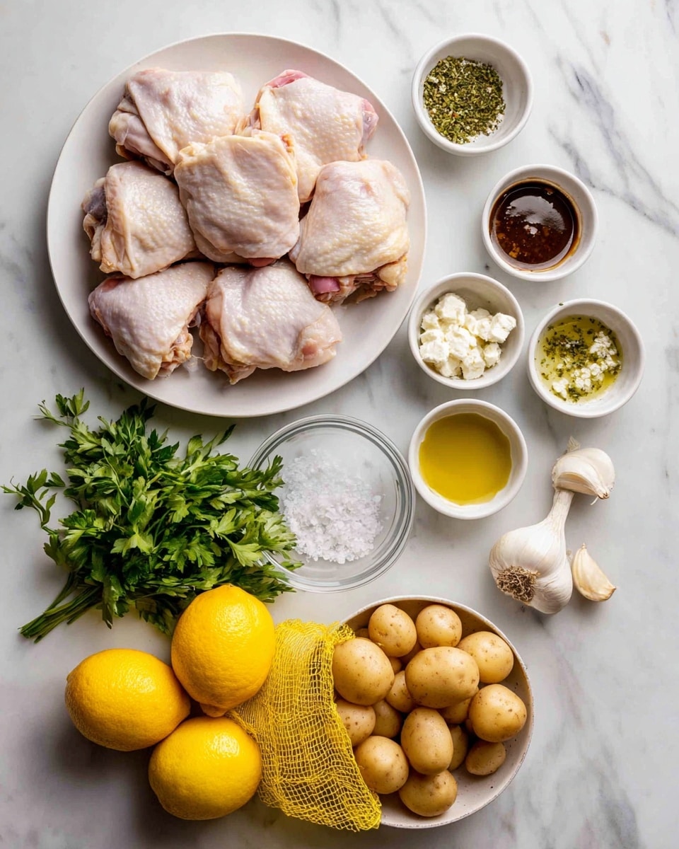 The image shows a variety of ingredients arranged neatly on a white marbled surface. At the top left is a white plate piled with seven raw chicken thighs, pale pink with some visible fat and skin. On the right side, there are six small white bowls lined vertically, holding dark brown sauce, white crumbled cheese, green capers, golden olive oil, beige mustard, and white herb yogurt sauce with green flecks respectively. In the bottom left corner, there are two whole bright yellow lemons. Next to them, a small clear dish contains salt crystals, and a few peeled garlic cloves rest nearby. A bunch of fresh green herbs sits in the center, and below that is a yellow mesh bag filled with small round light brown potatoes. The overall look is bright and clean, with natural colors standing out against the white marbled background. photo taken with an iphone --ar 4:5 --v 7