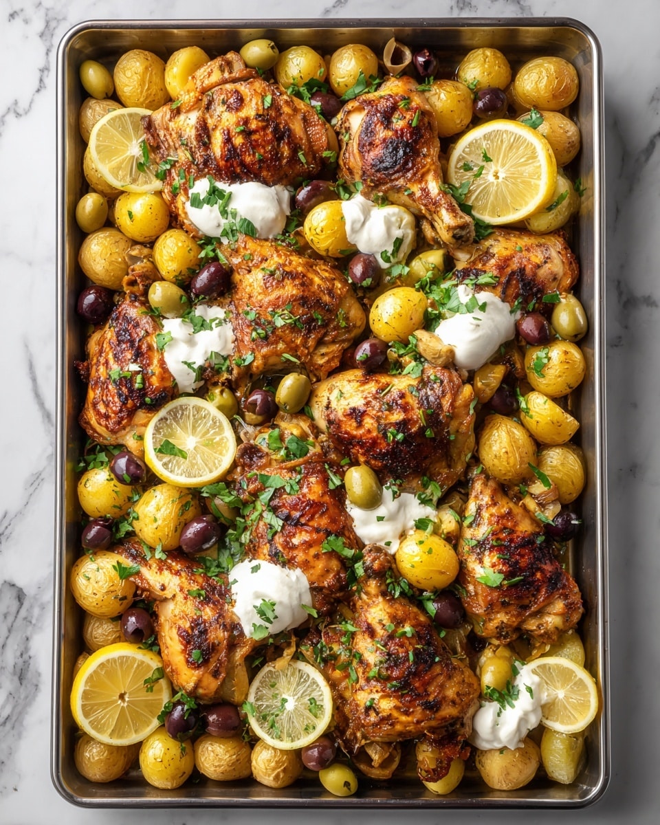 The image shows a tray filled with roasted chicken pieces that are browned and crispy on the outside, layered on top of small golden baby potatoes. Scattered among the chicken and potatoes are slices of lemon, some whole green and black olives, and dollops of white sauce or cream, adding contrast to the rich colors of the dish. Fresh green herbs are sprinkled over everything, giving a touch of freshness. The tray sits on a white marbled surface. The photo was taken with an iphone --ar 4:5 --v 7