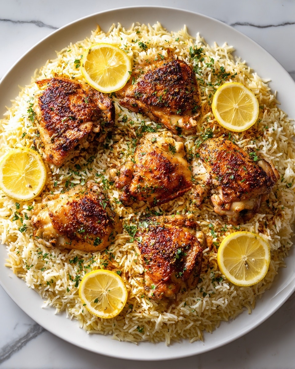 A white plate holds a grilled piece of golden-brown chicken with clear grill marks and small green herb pieces on top. Underneath the chicken is a layer of light beige rice mixed with small bits of green herbs and nuts. The plate rests on a blue and white patterned cloth, all set on a white marbled surface. The background is softly blurred to keep the focus on the food photo taken with an iphone --ar 4:5 --v 7