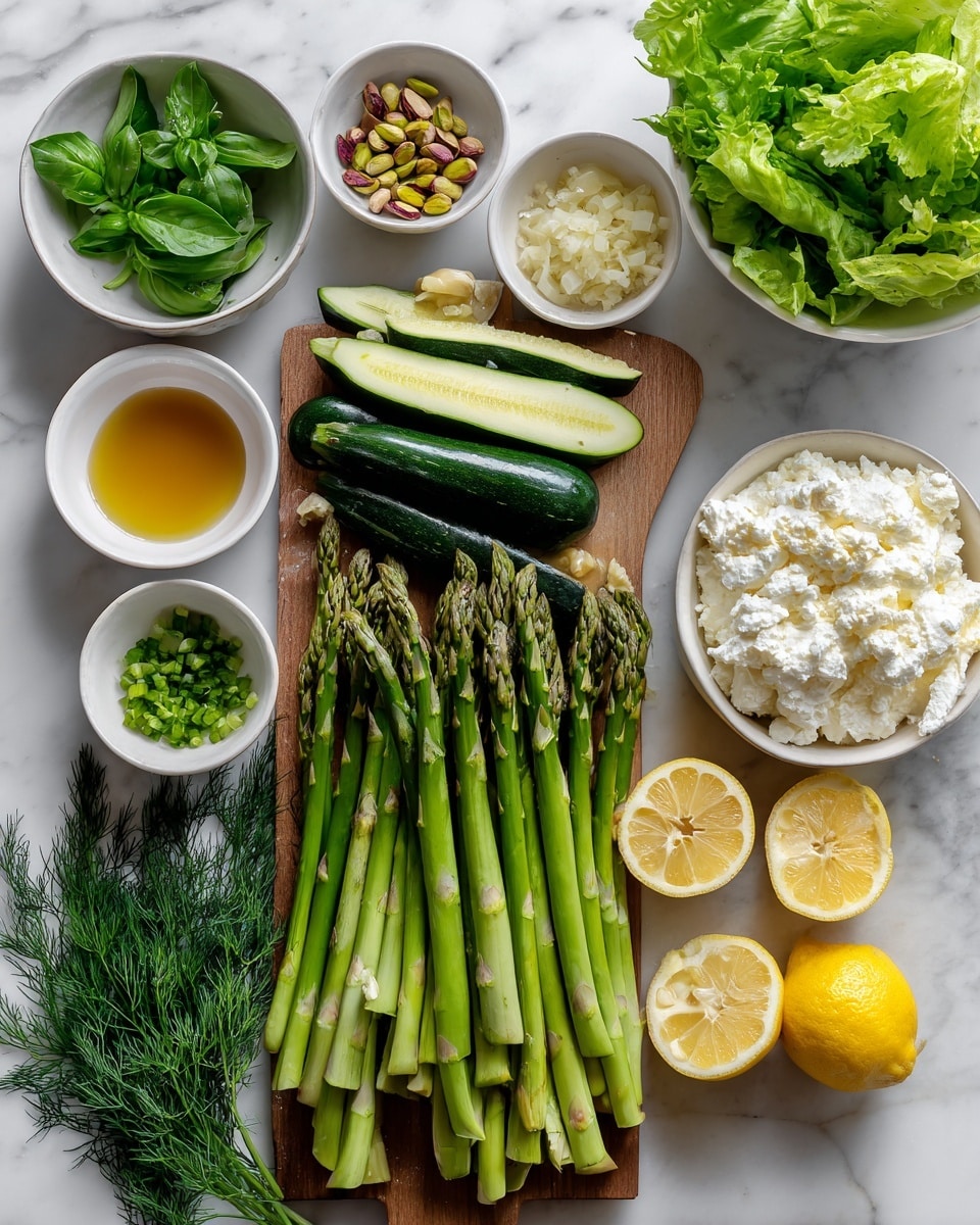 The image shows fresh ingredients arranged on a white marbled surface with a wooden board in the center holding a bundle of green asparagus stalks and several long slices of zucchini, both showing dark green skins and lighter green flesh. To the left of the board, there are green basil leaves and small white bowls holding chopped garlic, pistachios, and sliced green onions. Above the board are three small white bowls containing finely chopped shallots, a light brown liquid, and a golden oil. To the right side are fresh dill sprigs resting on the board, a white bowl filled with cottage cheese, and two lemon halves with their bright yellow interior visible. In the upper right corner, there is a white bowl filled with fresh green lettuce leaves. The photo taken with an iphone --ar 4:5 --v 7