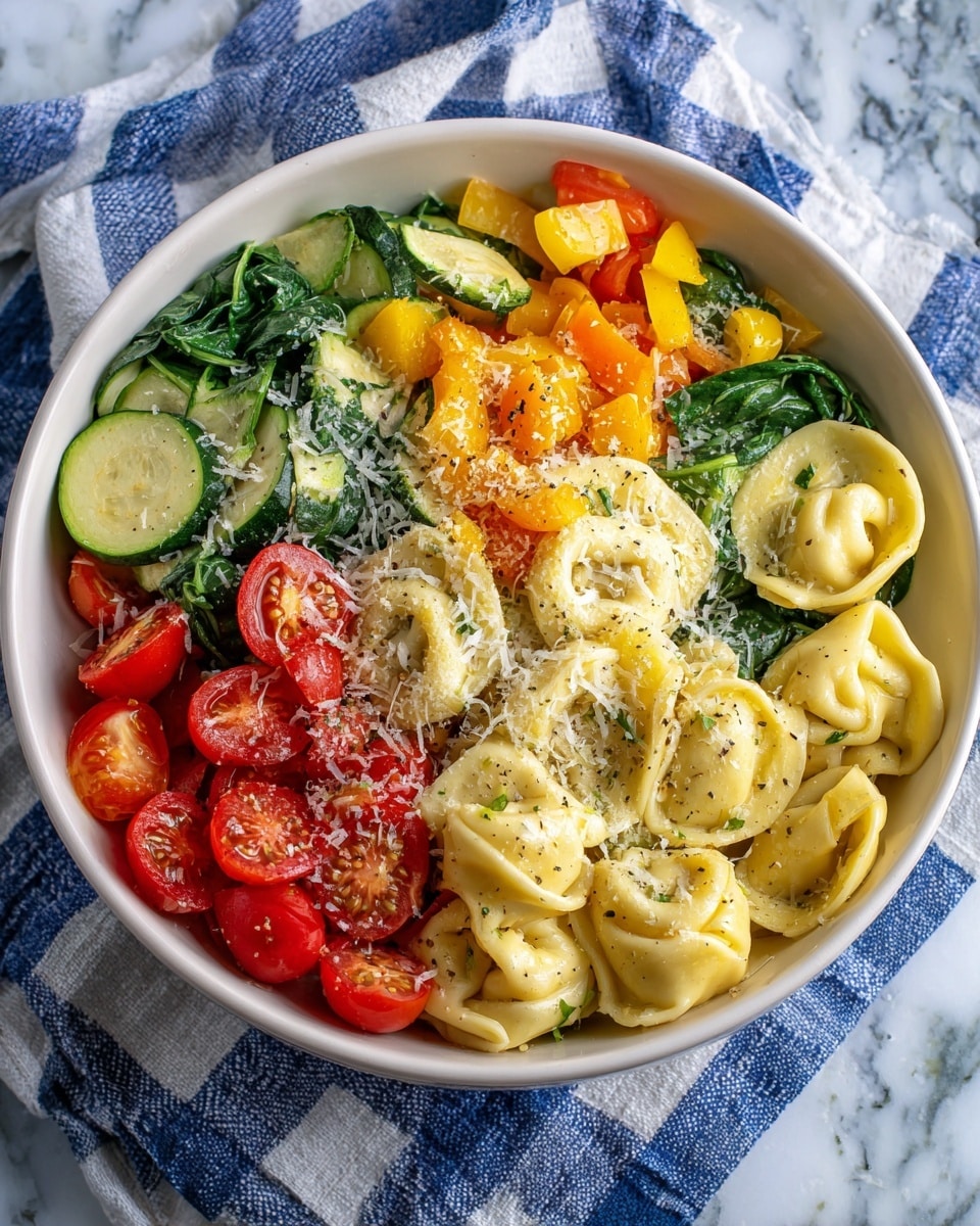 A white bowl filled with three main layers: the bottom layer is green chopped spinach, the middle layer has slices of green zucchini and bright yellow bell peppers, and the top layer is round tortellini pasta with a light yellow color placed all over, mixed with halved cherry tomatoes in red and orange colors. Everything is sprinkled with grated white cheese, and the bowl sits on a blue and white checkered cloth with a white marbled surface in the background photo taken with an iphone --ar 4:5 --v 7