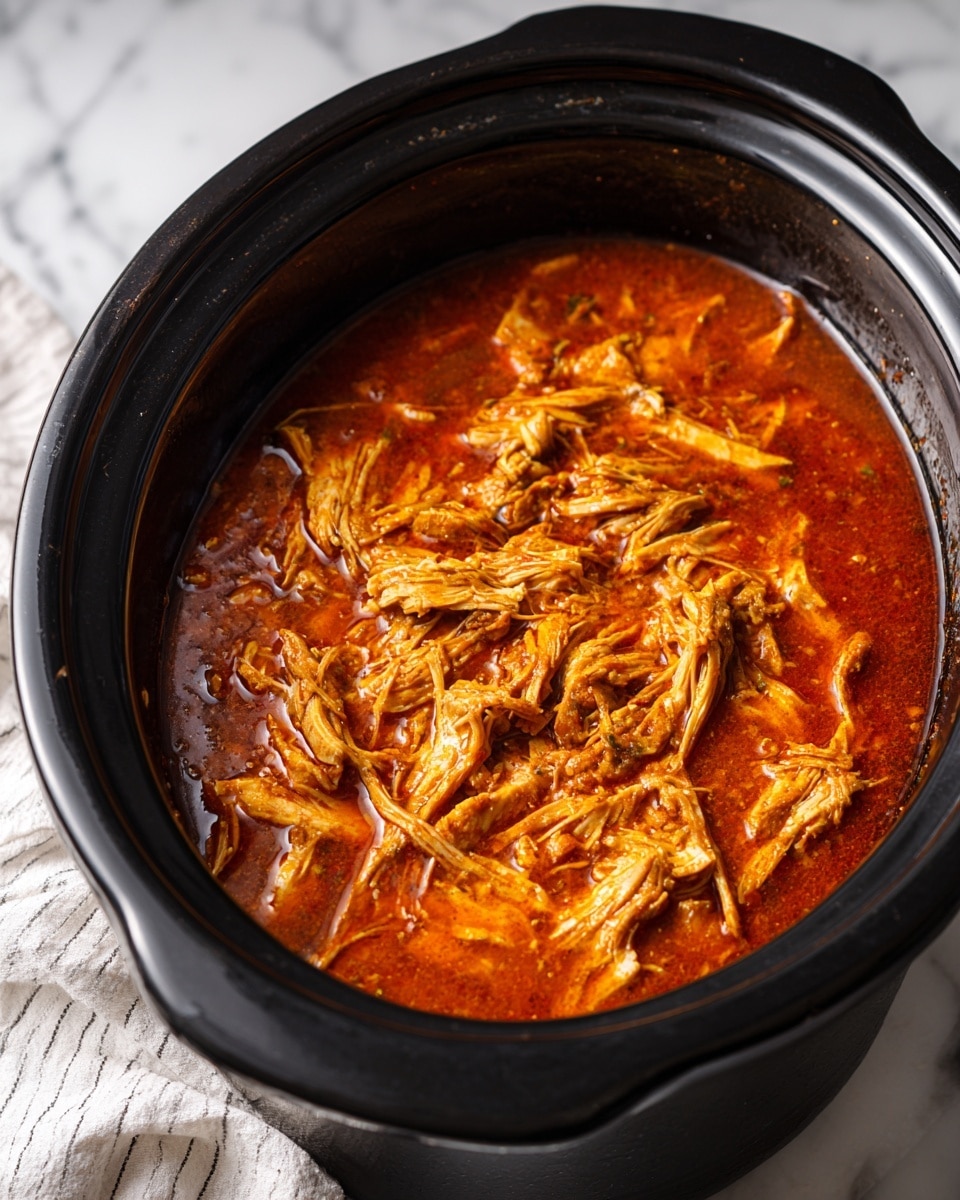 The image shows shredded cooked chicken soaked in a rich, reddish-brown sauce inside a black slow cooker. The chicken is tender and moist, with stringy and flaky textures all mixed with the sauce. Two metal utensils are partially submerged in the slow cooker, one on the left side and one on the right side, stirring or serving the chicken. The background surface is a white marbled texture. photo taken with an iphone --ar 4:5 --v 7