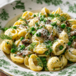 Creamy Lemon Pecorino Orecchiette with Chicken Sausage and Spring Vegetables Recipe