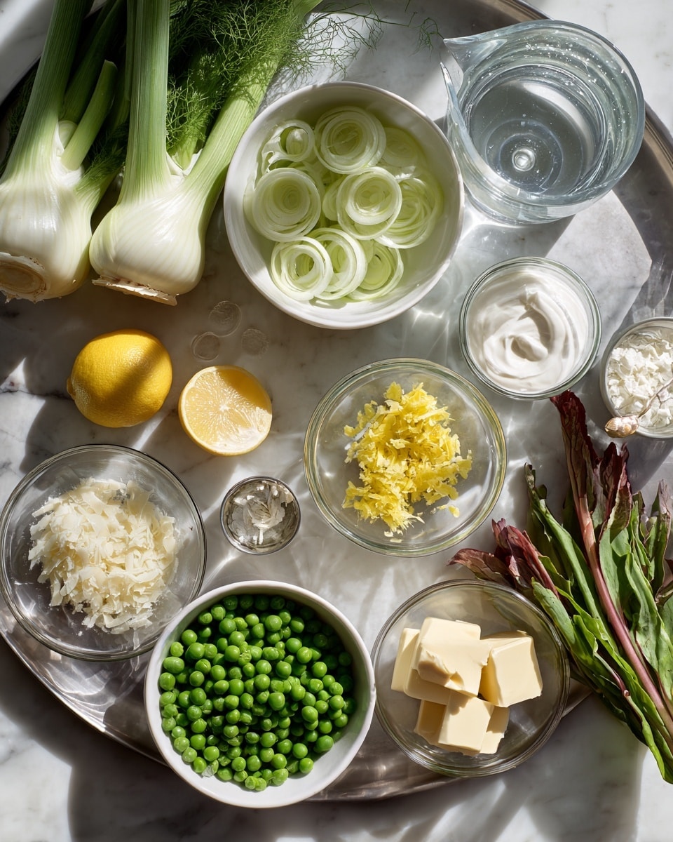 The image shows various fresh ingredients arranged neatly in white bowls and clear glass containers on a metal tray set over a white marbled texture. There are three whole fennels on the top left with their green fronds visible. A white bowl in the center contains thinly sliced light green leeks with circular layers. Below it, a white bowl is filled with bright green peas. To the right, a clear glass container holds white cream, and next to it is a small glass bowl with yellow lemon zest. There is a cluster of fresh green ramps with reddish stems on the right side. Beside the peas, another small glass bowl holds three blocks of pale yellow butter. There is also a tiny bowl with finely minced garlic and a small dish of white grated cheese. A halved lemon with bright yellow color is placed near the top left corner. A clear glass measuring cup with water sits at the top right. The lighting is natural, creating soft shadows. Photo taken with an iphone --ar 4:5 --v 7