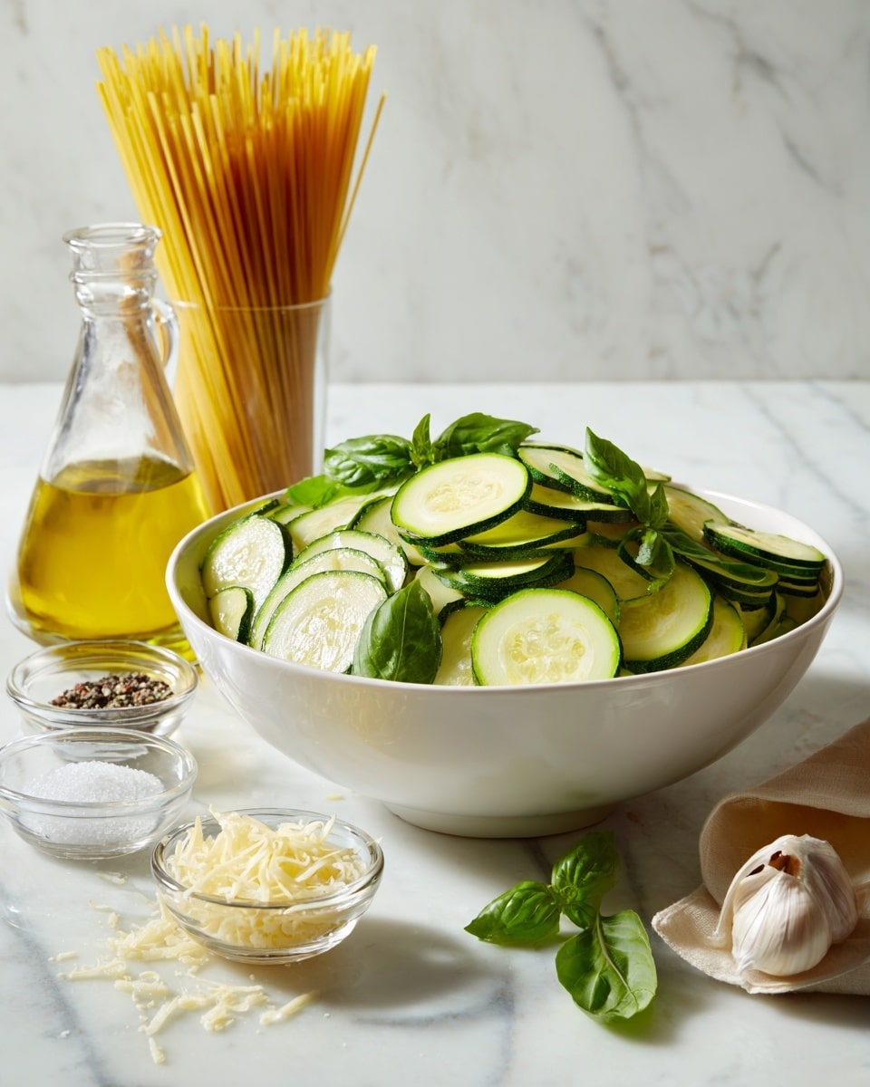 A white bowl filled with thinly sliced green zucchini arranged in a layered, slightly overlapping pattern, topped with fresh dark green basil leaves scattered on top. Nearby, there are small clear containers holding pale yellow shredded provolone and light beige grated parmigiano cheese. A glass bottle of golden extravirgin olive oil and individual clear containers of white salt and black pepper are also visible. A few garlic cloves are placed near the bowl. A bundle of uncooked yellow spaghetti stands upright on the white marbled surface in the background. photo taken with an iphone --ar 4:5 --v 7