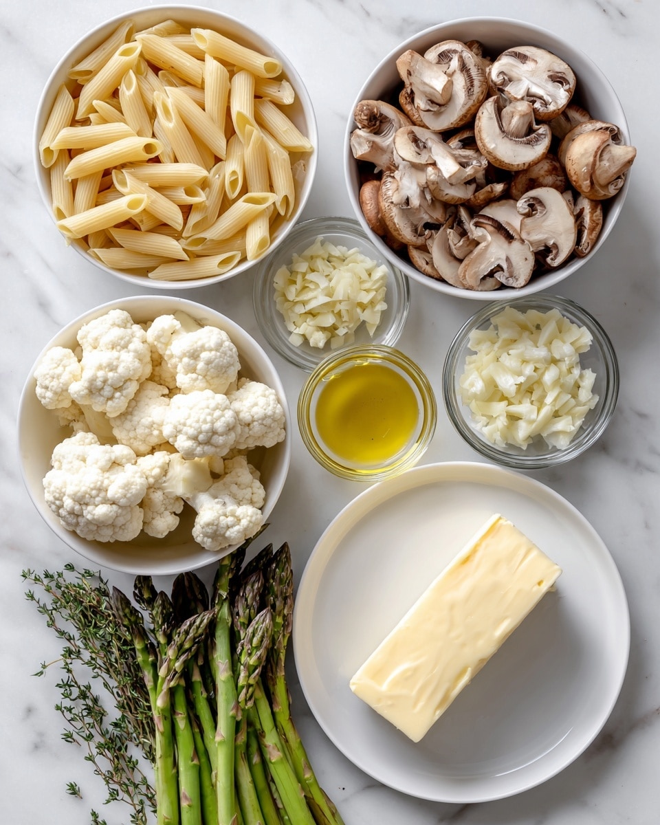A white bowl with uncooked penne pasta sits at the top left, next to a small clear glass bowl with chopped garlic on its right. Below these, a small clear bowl holds white cauliflower pieces on the left side, and a small glass bowl with light yellow olive oil is centered between them. To the right, a larger white bowl contains sliced mushrooms with brown and white tones. On the far right, a white plate holds a block of pale yellow butter. At the bottom, a bundle of fresh green asparagus lies with sprigs of green thyme on a white marbled surface, all arranged neatly and evenly spaced. photo taken with an iphone --ar 4:5 --v 7