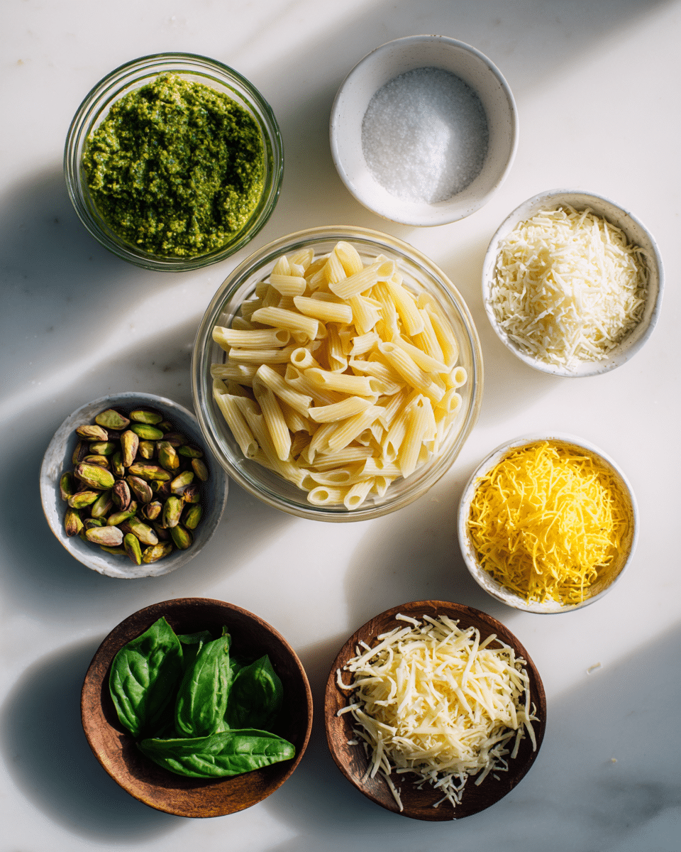 The image shows seven ingredients arranged neatly on a white marbled texture. At the center is one bowl filled with uncooked short pasta, pale yellow in color, with a slightly rough texture. To the top left, a glass bowl contains bright green pistachio pesto with a thick, coarse texture. To the top right, a small round white dish holds fine white salt. Below the salt, a small wooden bowl is filled with grated parmesan cheese in fine light-yellow shreds. At the bottom right, another glass bowl has finely grated bright yellow lemon zest. Near it, a small wooden bowl holds fresh dark green basil leaves with smooth shiny surfaces. At the bottom left, a small white bowl contains chopped green pistachios with brown skins. Soft light creates gentle shadows under each bowl and the photo was taken with an iphone --ar 4:5 --v 7