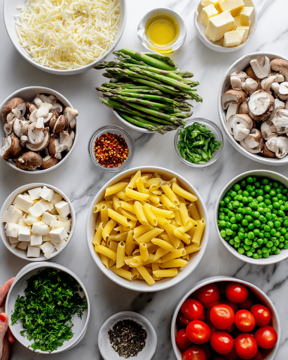 A white marble surface is filled with various small, white bowls and plates arranged neatly. There is a bowl of uncooked penne pasta in the center, surrounded by bowls containing bright green chopped asparagus, sliced mushrooms, halved cherry tomatoes, green peas, chopped herbs, and crushed nuts. Small dishes hold olive oil, butter cubes, grated cheese, black pepper, red chili flakes, and salt. A cluster of cherry tomatoes on the vine is also present, along with some whole mushrooms and fresh green beans in the corner. The colors are vibrant with a mix of light yellow pasta, rich greens, and reds, all set on a clean white marble background. Photo taken with an iphone --ar 4:5 --v 7